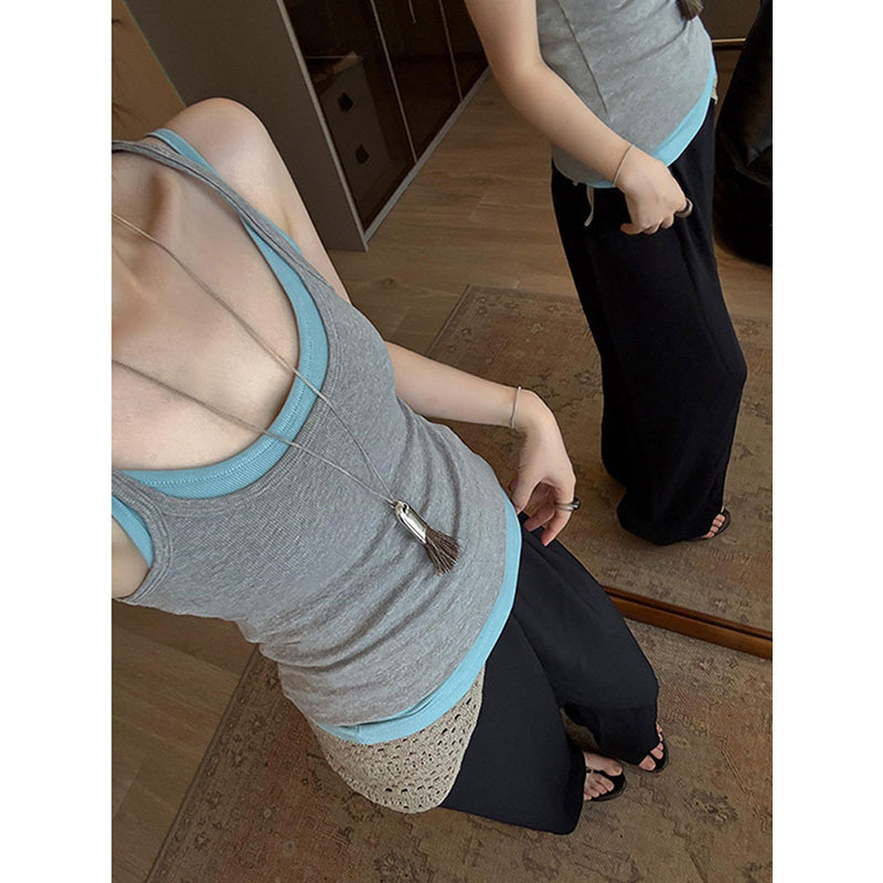 Contrast Color Sleeveless Camisole for Women, Summer Korean Style Outerwear, Unique Temperament, Casual Waist-Cinching Slimming Top, Two-Piece Set