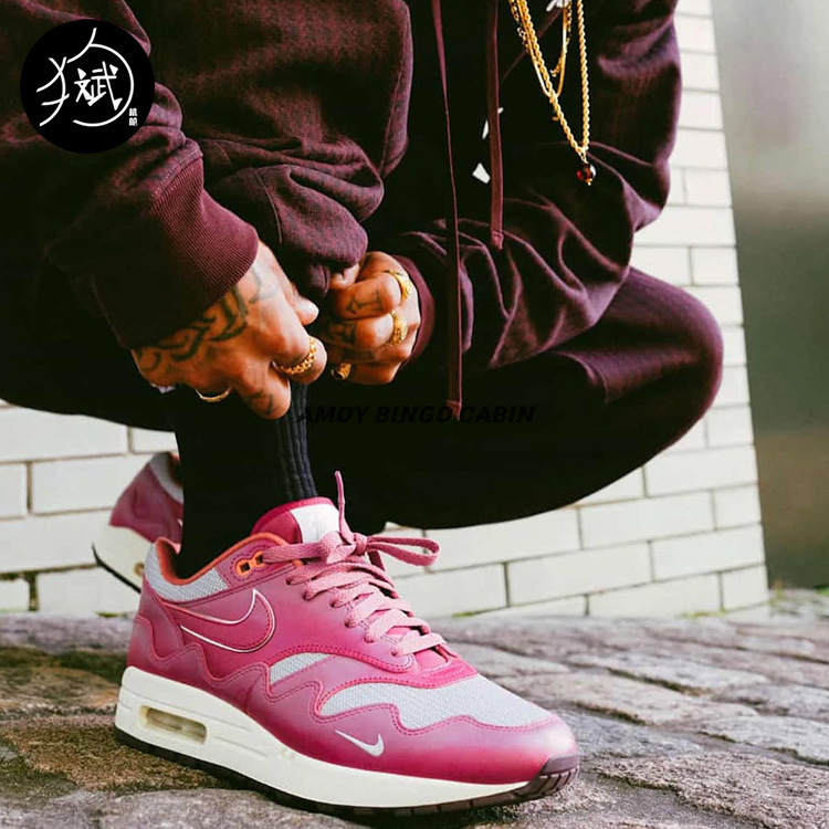 Patta×Nike Air Max 1 Men's and Women's Air-Cushioned Burgundy Retro Sports Casual Running Shoes Do9549