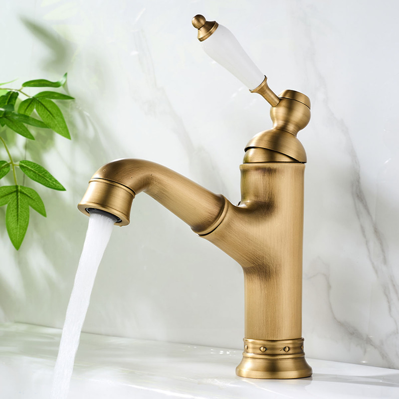 French Retro Style Pull-Out Basin Faucet, Dual-Control Hot and Cold, High-End All-Copper Washbasin Faucet, Retractable for Washing Hair
