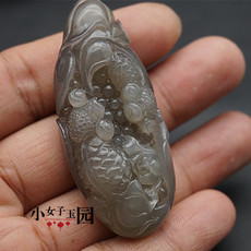 Украшения на шею 青海料烟青玉连年有余玉佩玉坠和田玉双鱼莲花吊坠挂件毛衣坠颈饰