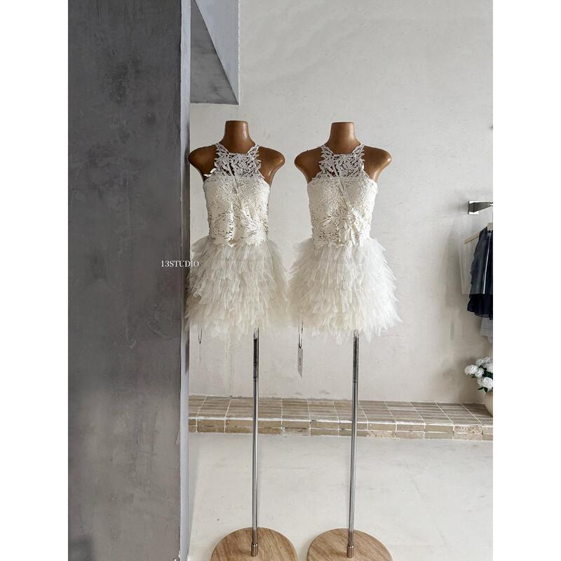 13-Stdio2026 French-Style Lace Feather Lace Halter Sequin Mesh Feather Dress for Women Summer