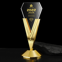 V Type Metal Trophy Crystal Customized to customize the high-end atmosphere 2022 new anti-epidemic creative champion memorial