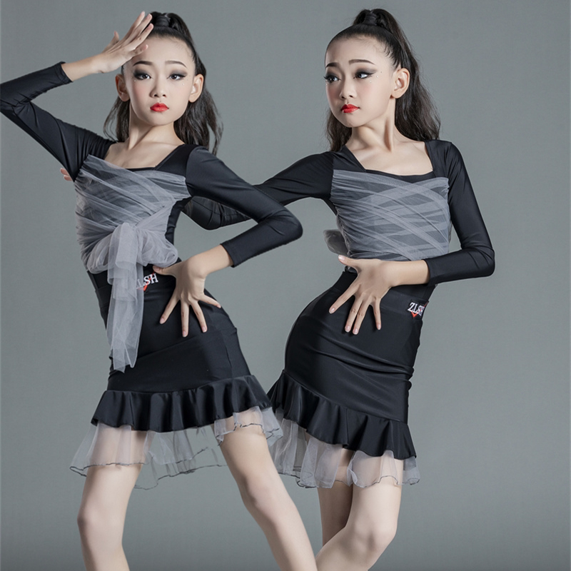 Young Children Latin Dance Suit Women Children New Spring Summer Long Sleeve Latin Exercises Training Competition Dancing Skirt Suit