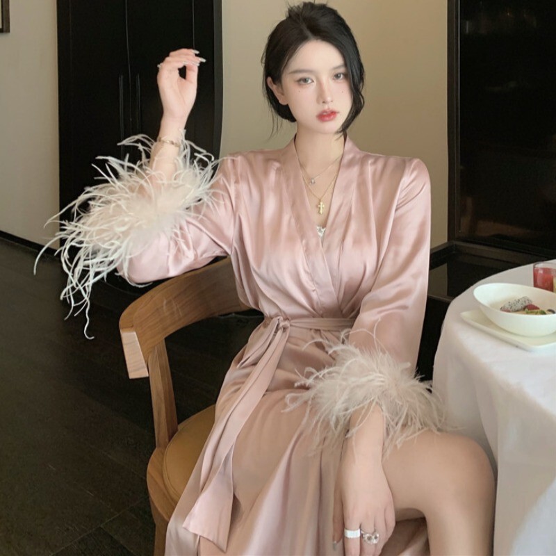 Trendy Influencer-Style Dress with Glossy Ostrich Feather Cuffs, Color-Blocking, and a Cinched Waist with a Tie