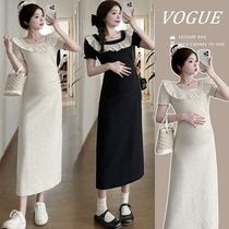 Pregnant women summer 2024 dress summer short-sleeved lace splicing hip-covering slimming slim French long skirt square neck for women