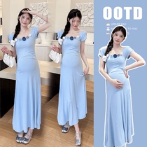 Pregnant woman summer fashion new 2024 niche design pure desire three-dimensional flower high elastic cotton mid-length dress