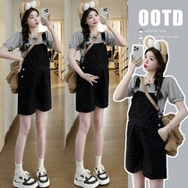 2024 summer sweet and trendy slimming maternity wear Korean pretty polka dot overalls puff sleeve top two-piece set