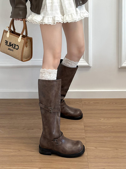 羊皮版~真皮厚底圆头复古皮带扣擦色长筒靴女秋冬中高筒靴骑士靴