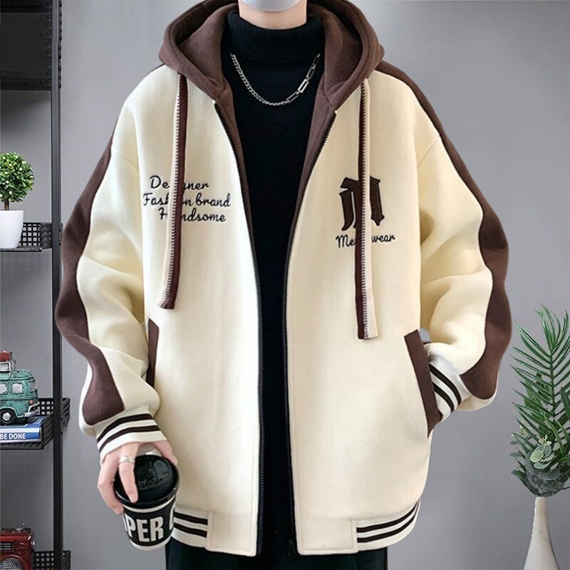 American-Style Trendy Brand Oversized Hooded Baseball Jacket for Men, New Autumn Loose-Fitting Jacket, Vintage Patchwork Cardigan Sweatshirt Coat