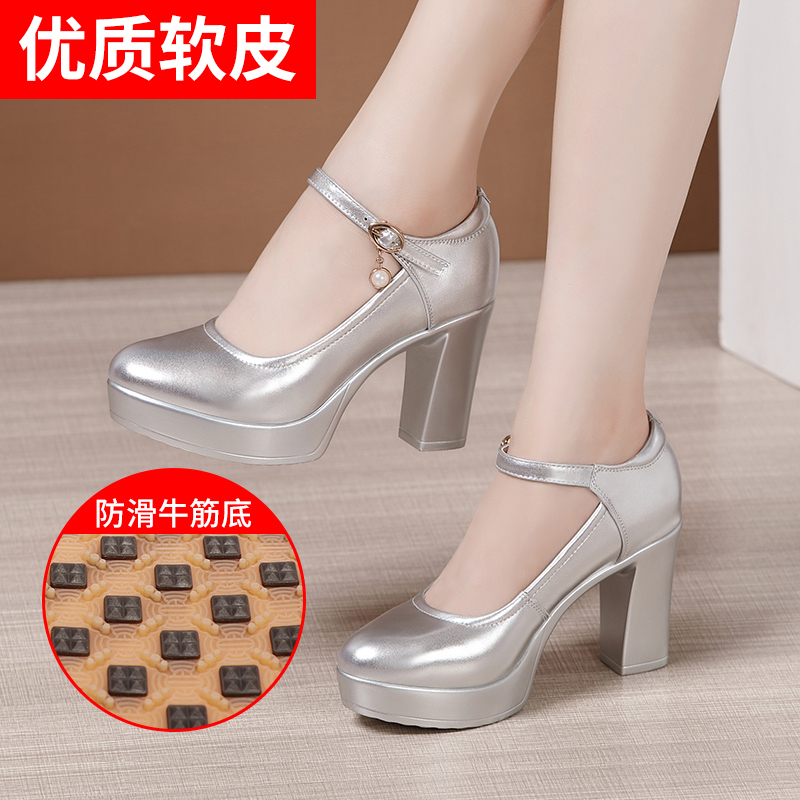 Silver Soft Leather Cheongsam Model Runway High Heels Women's Thick-Soled Waterproof Platform Round-Toe Large Size 40-43 Single Shoes