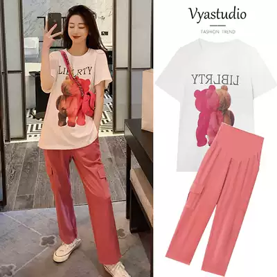 Pregnant women's tide summer sports belly cover suit hot mom out thin net Red fashion two-piece personality foreign School