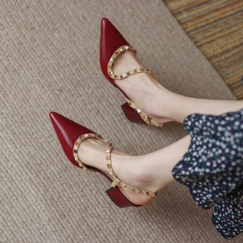 Rivet Sandals for Women, New Summer Style, Retro Red Genuine Leather, Chunky Heel, Pointed Toe, Genuine Leather, French Half-Toe High Heels