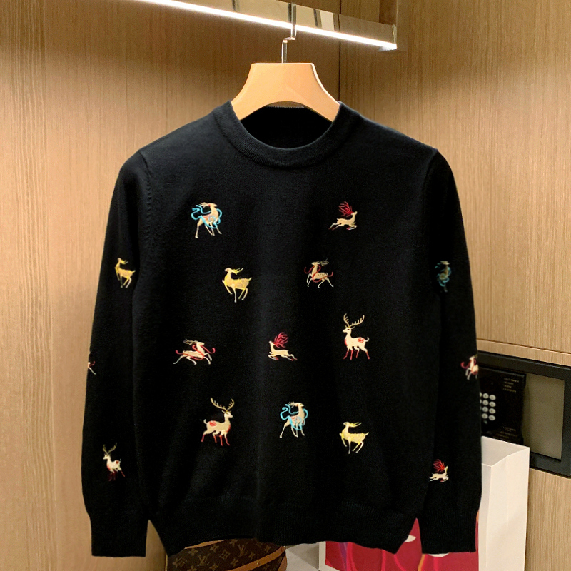 European and American Trendy Brand Christmas Reindeer Embroidered Sweater for Men, Autumn and Winter Style, Trendy and Unique Slim-Fit Top, Crew Neck Knitwear for Men