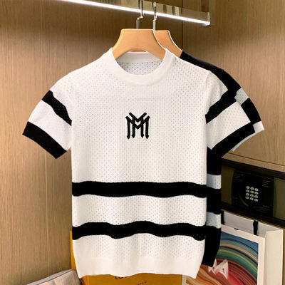European Station trendy embroidered mesh hollowed-out knitted top, summer new color-blocked striped slim short-sleeved T-shirt for men