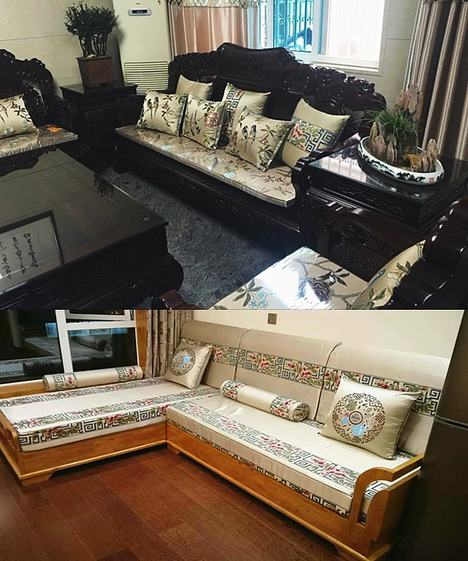 Mới của Trung Quốc bông và vải lanh thêu ghế ăn cung điện ghế vòng đệm gỗ gụ sofa đồ nội thất đệm xốp mat dày tùy chỉnh