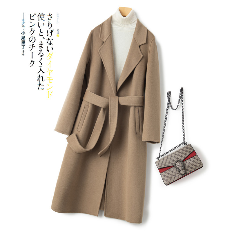 Spring and Autumn New Double-Sided Wool Cashmere Coat for Women, Mid-Length Pure Wool Double-Sided Wool Coat with Belt, Slimming for Women
