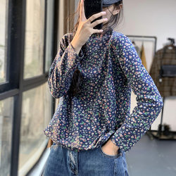 Sufanka Autumn and Winter Casual Forest Side Collar Open Button Pullover Floral Super Elastic Slim Slim Bottoming Shirt for Women