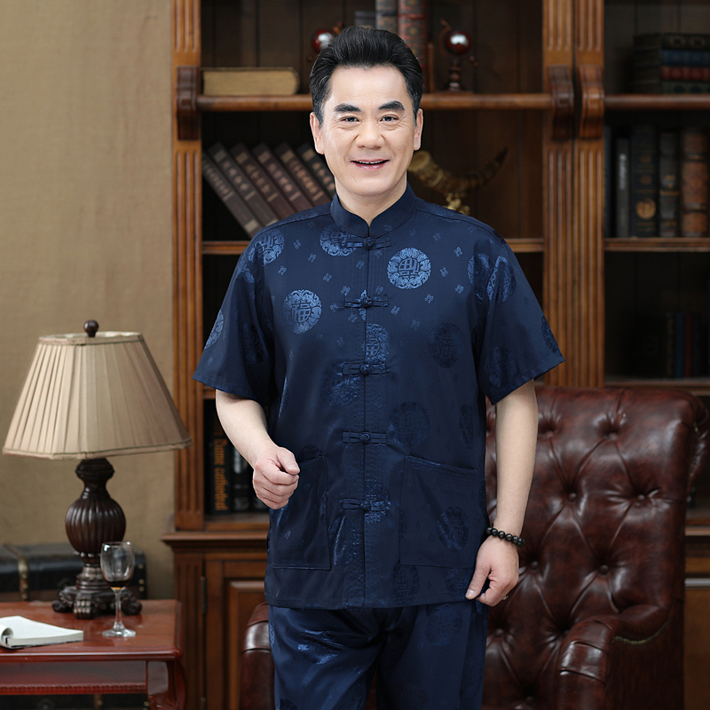 Tang ngắn tay phong cách áo khoác trung niên cha già Trung Quốc của nam giới dressChinese ông nội váy Zhongshan chiếc váy của nam giới