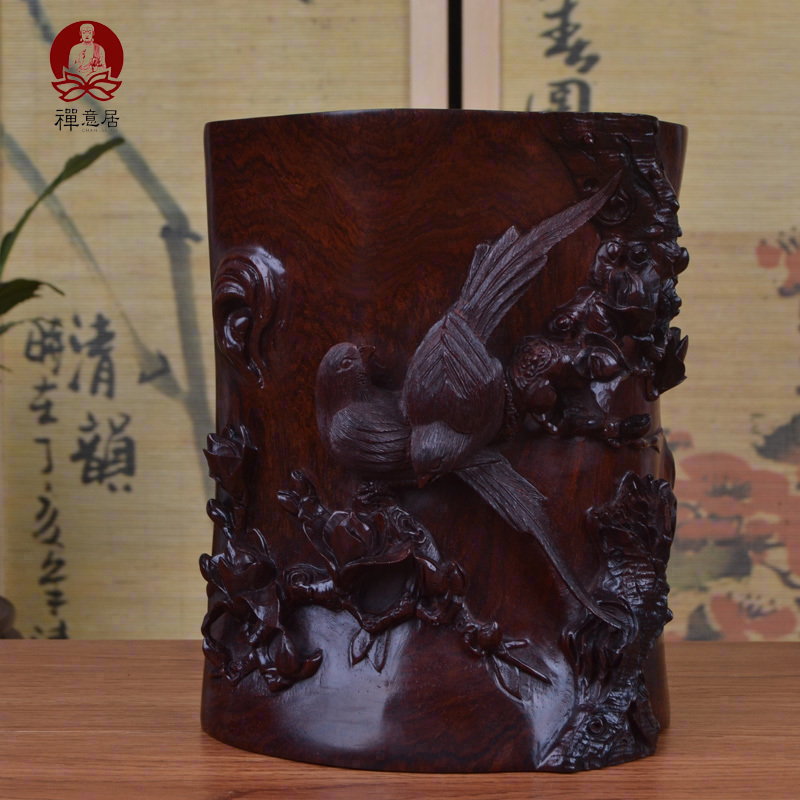 Laos big red sour branch pen container handmade magpie plum blossom housewarming office gift business gift Puxian wood carving