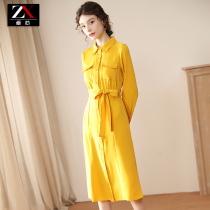 Spring dress 2020 new female temperament lapel collar long sleeve high waist skirt solid color lace-up waist dress 8609