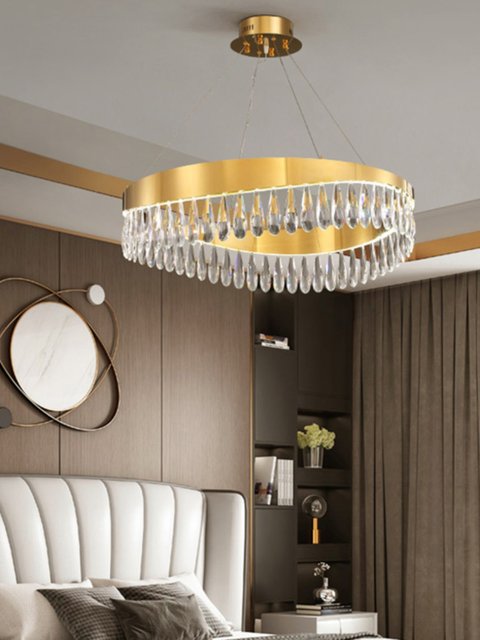 Stainless Steel Light Luxury Chandelier, Simple Post-Modern Bedroom Crystal Lighting, Round Model Room Hong Kong-Style Living Room Lamp