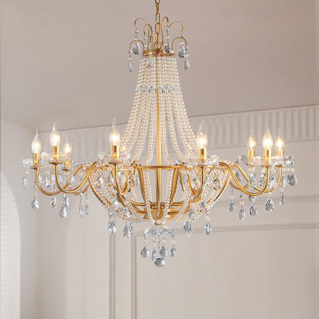 American-Style Crystal Lamp, French Vintage Pearl Chandelier, Mid-Century Villa Living Room, Dining Room, Bedroom, Duplex Main Light Fixture
