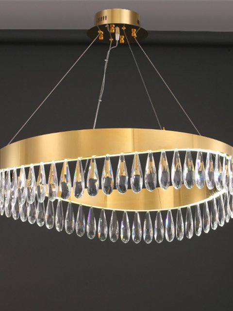 Stainless Steel Light Luxury Chandelier, Simple Post-Modern Bedroom Crystal Lighting, Round Model Room Hong Kong-Style Living Room Lamp