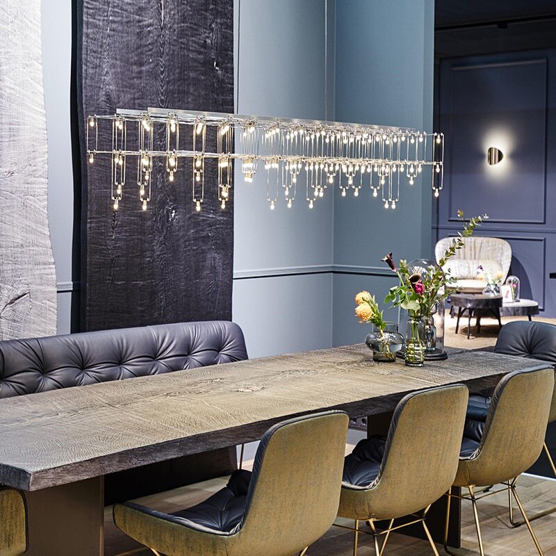 Nordic light luxury crystal long shape restaurant chandelier stainless steel fireworks shape luxury fashion bar front desk chandelier