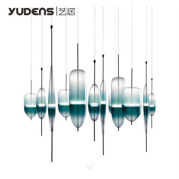 Designer modern blue white glass LED restaurant light bar front desk decoration model room with art chandelier