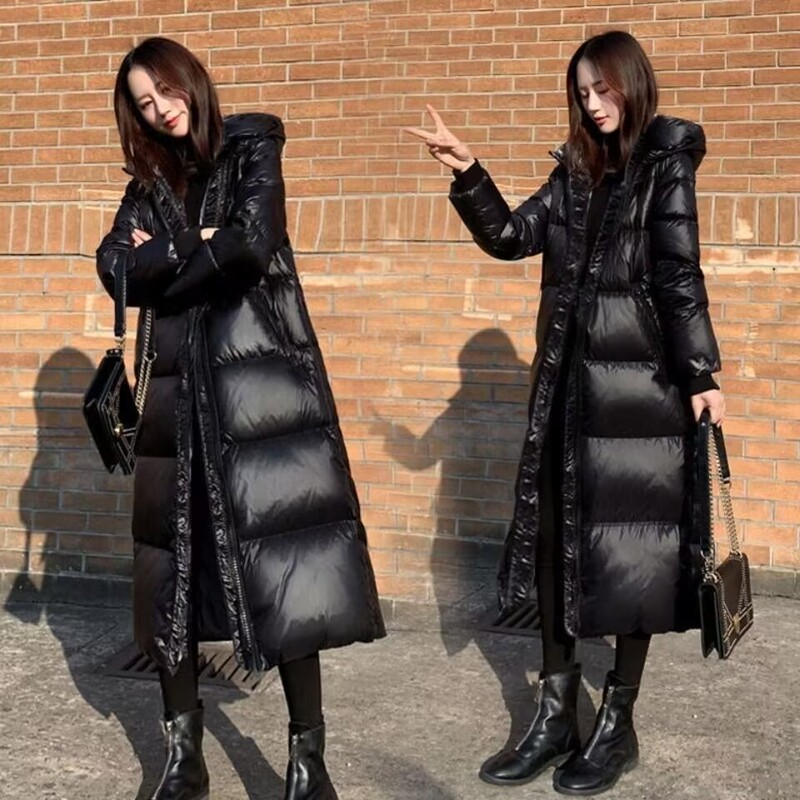 Women's Extra-Long Black down Cotton Coat with Hood, Mid-Length Winter Fashion Thickened Over-The-Knee Cotton Coat with Glossy Finish