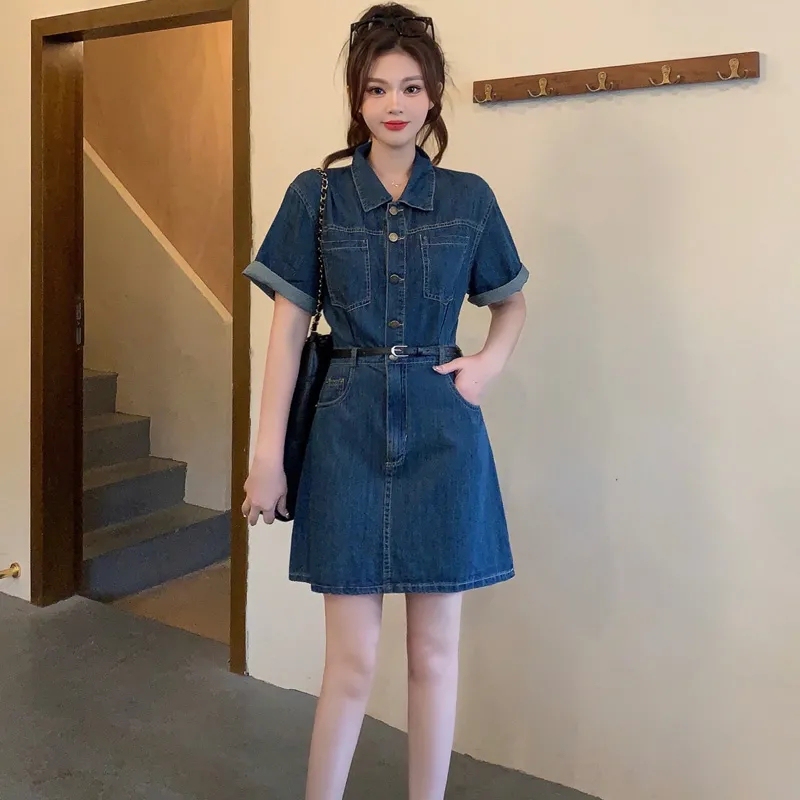 Good Quality Women's Mid-Length Short-Sleeved Dark Blue Dress, Women's Age-Reducing Versatile Shirt, Denim Long Skirt, Short Skirt
