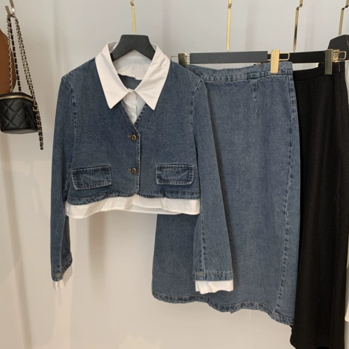 Весенняя модная ретро джинсовая куртка, длинная юбка, комплект, в западном стиле, в корейском стиле, по фигуре