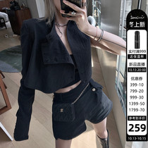 IAMCPLUS Sonny Dark Wind Asymmetric Chinese Stand Collar Shoulder Short Open Umbilical Coat Women