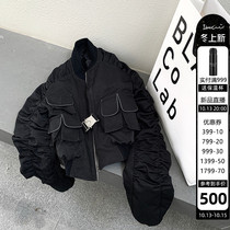 IAMC PLUS Sunny black function multi-pocket sleeves wrinkled tooling short thin cotton jacket women loose