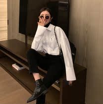 Japan's loose collar long sleeve shirt women's design feeling small group solid color bf wind long Joker slim coat