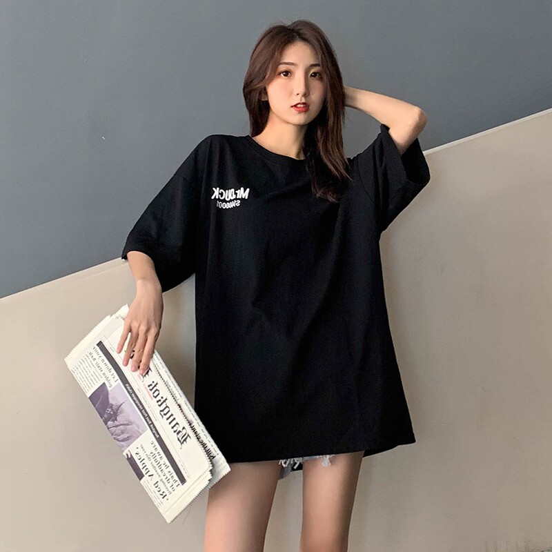 South Korean T-shirt female short sleeves Summer new ins Tide Cartoon Loose bf Lazy Wind Down the Missing Print Medium Long Version