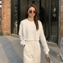 Japanese white sweatshirt female small fragrant wind loose round neck sweet design sense niche sexy short shirt thin