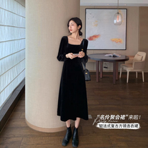 South Korea retro square collar dress women fall winter French velvet bubble sleeve long skirt waist slim temperament skirt