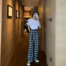 Japan black and white plaid pants women's 2021 summer new high waist slim drop casual wide leg mop pants
