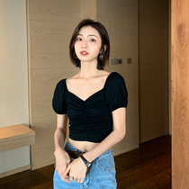 Japanese one-shoulder square collar coat women's small fragrance temperament careful machine strapless sexy navel clavicle niche shirt