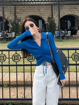 South Korea Black Draw Rope Short Truffle V Collar Polo Needles Polo Jersey Woman 2022 New Design Sensation Long Sleeve Blouse