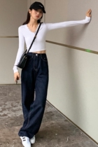 Japanese dark blue high waist loose jeans women's hanging feeling Joker retro slim straight leg mop pants pants