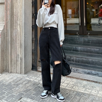 Korean black high-waisted jeans womens trend loose slim Joker retro chic straight trousers