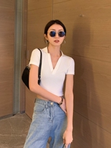 Japanese White V-neck top female slim high waist summer careful machine pinnavel stretch short sleeve T-shirt bf wind sweater