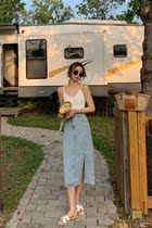 South Korea light blue split denim skirt women's high waist 2021 new Korean straight Joker long skirt