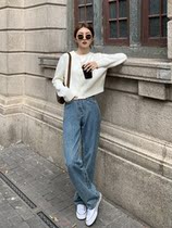 South Korea Blue Wide Leg Jeans Women's 2021 Plus Velvet High Waist Loose Crotch Straight Tube Skinny Pitch Popping Pants