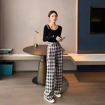 South Korea retro black and white plaid casual pants women Joker slim high waist vertical pants loose mop wide leg pants