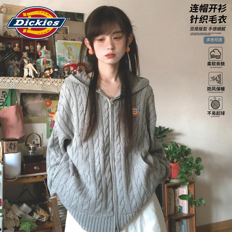 Dickies Old Money Style Hooded Cardigan Sweater for Women 2026 New Loose Versatile Cable Knit Zip-Up Knitwear Dickies Old Money Style Hooded Cardigan Sweater for Women 2026 New Loose Versatile Cable Knit Zip-Up Knitwear