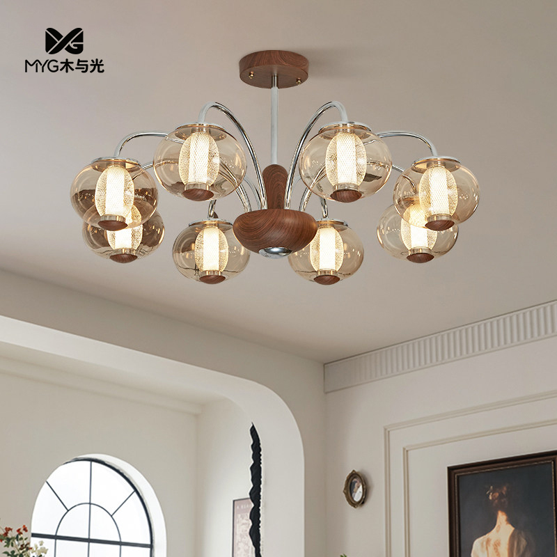Vintage-Style Living Room Glass Chandelier 2026 New Model Vintage Retro Walnut Color French-Style Main Hall Light