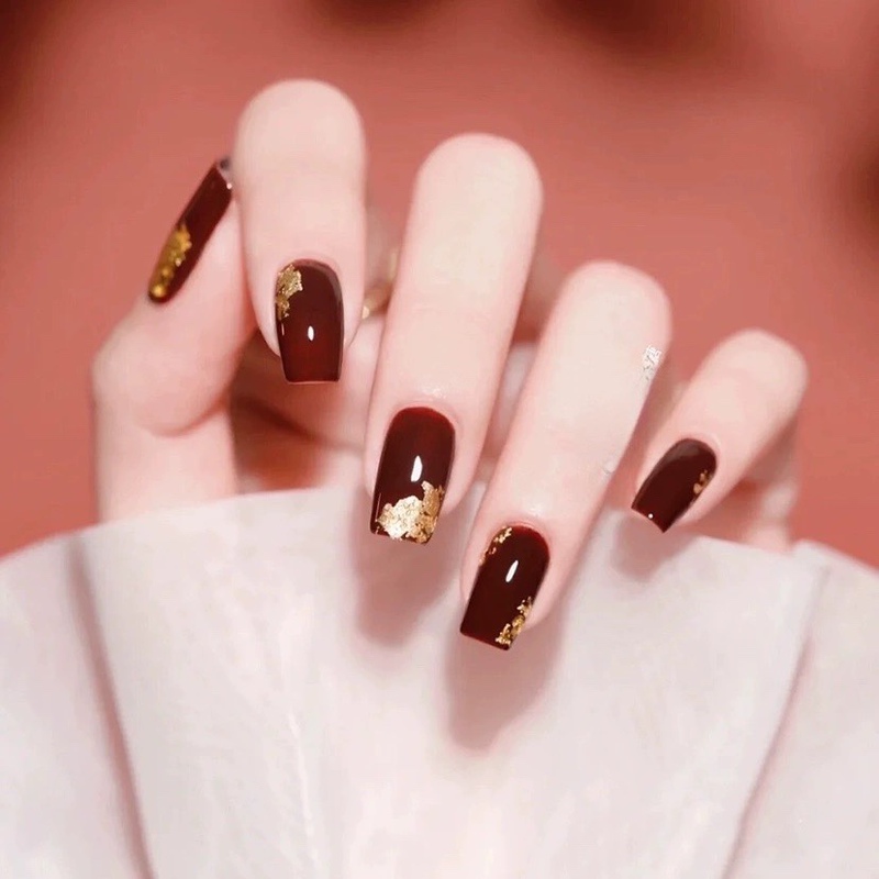 Yuanman [Red Gold Foil] Imitation Lacquerware Intangible Cultural Heritage Craft Purely Handmade Wearable Nail Art Medium-Length Short Red New Style